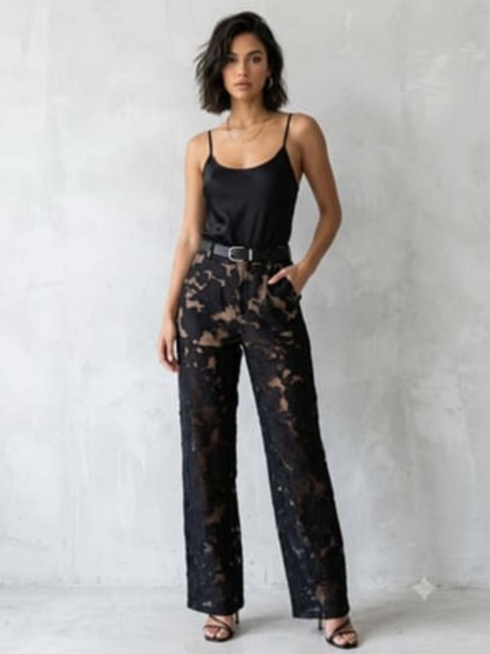 JLUXLABEL Black Floral Lace Wide Leg Pants Womens XS Sheer Mesh High Waisted